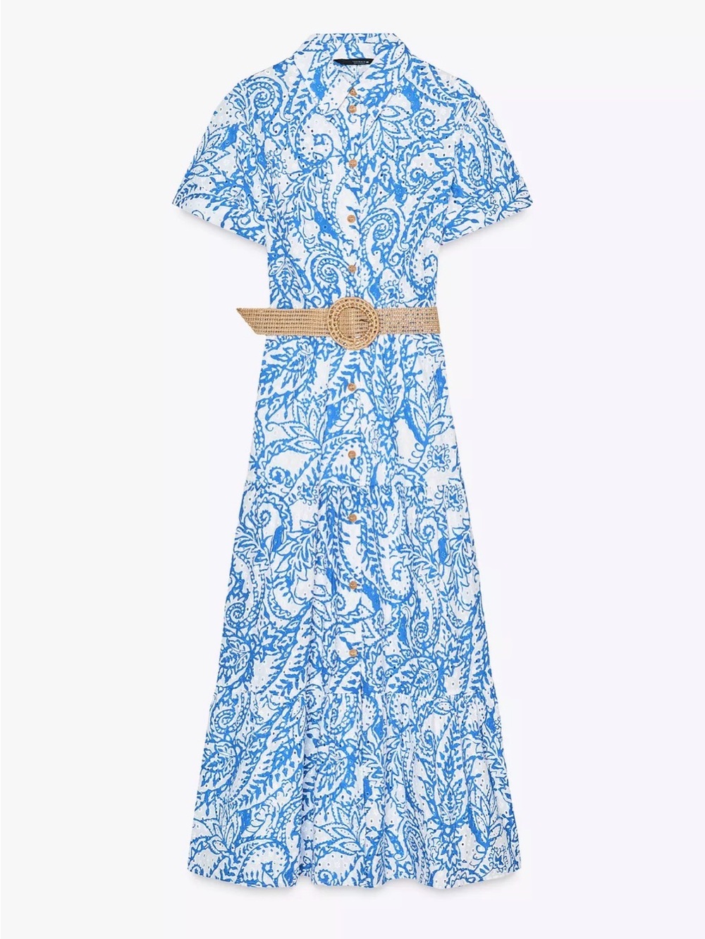 Zara White and Blue Paisley Button-Front Maxi Shirt Dress with Woven Belt Sz XS